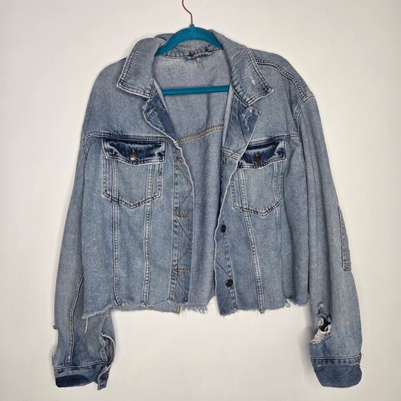 Free People Grunge Distressed Cropped Denim Trucker Jacket Raw Hem Women Largeg - Picture 11 of 13